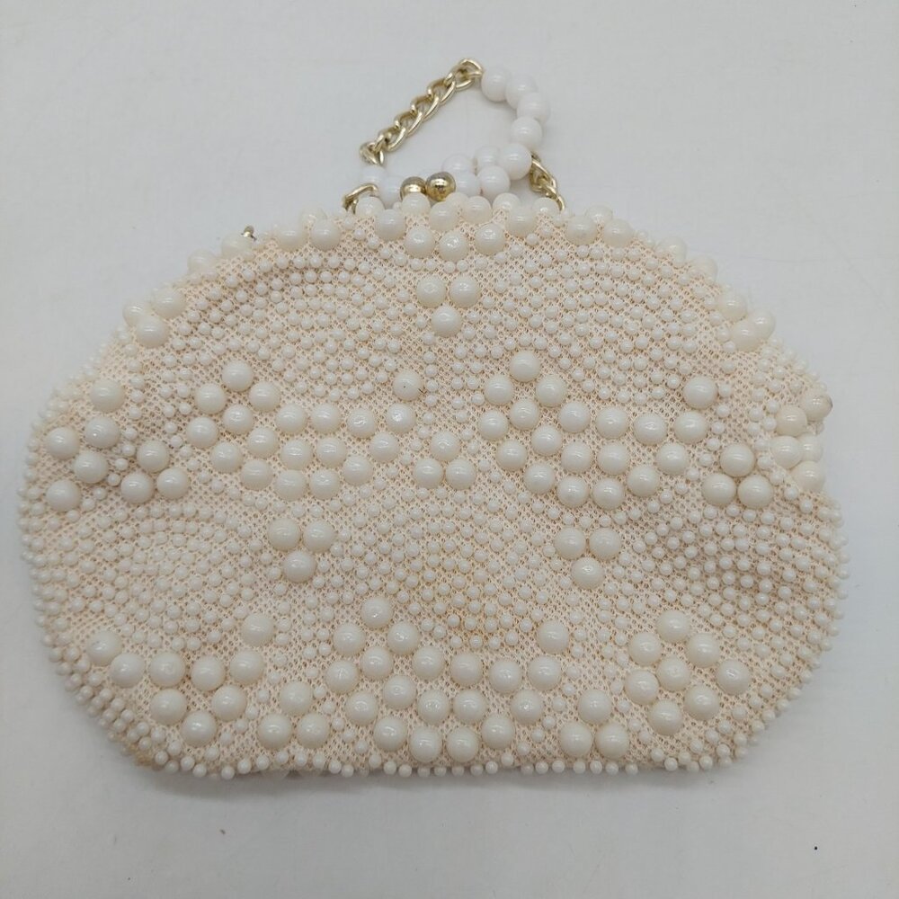Goldco Beaded White Ivory Beaded Purse Beaded Gold Tone Chain Strap Hong Kong